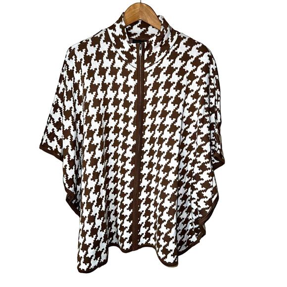 Houndstooth PONCHO Sweater Knit Brown Zip Medium Petite / Small Petite PM PS OS - Picture 1 of 7